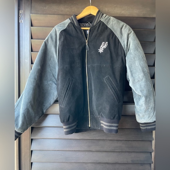 💥SALE💥 NBA Suede Spurs Letterman Style Jacket Zip Up Black Grey Small Vintage - Picture 1 of 10